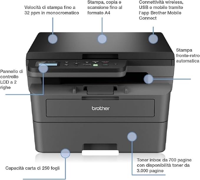 Stampante Brother DCPL2620DW Multifunzione Laser Monocromatica - immagine 3