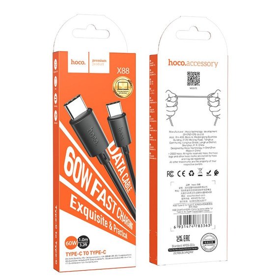 CAVO DI RICARICA DA USB-C A TYPE-C USB-C HOCO NERO 1MT PD60W - immagine 5